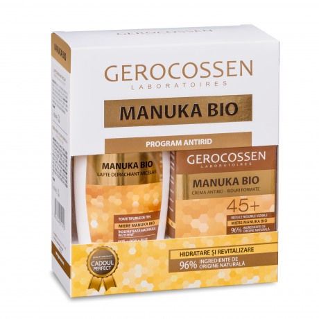 Caseta Cadou Manuka BIO - Crema antirid riduri formate (45+) - 50 ml si Lapte demachiant micelar - 200 ml Gerocossen